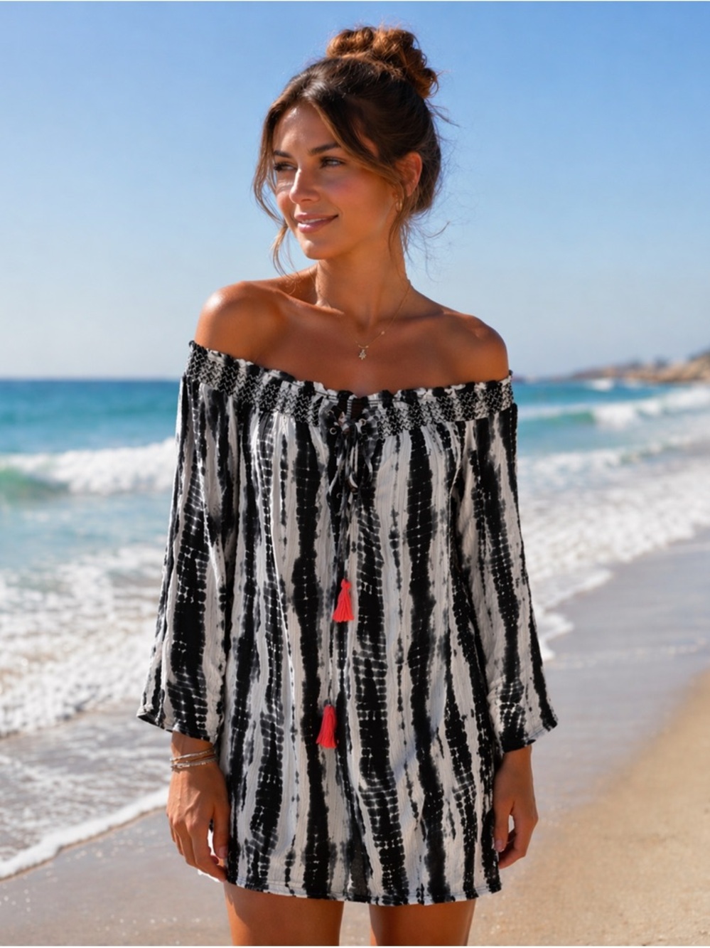 198. Off-Shoulder Black & White Tie-Dye Dress
